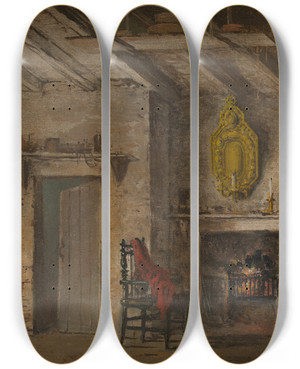 Triptych art skateboard deck of Alexander Nasmyth Stage Design For Heart Of Midlothian Deans Cottage by Alexander Nasmyth (1758-1840)
