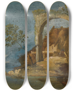 Triptych art skateboard deck of Giuseppe Bernardino Bison A Capriccio Fluvial Landscape With Figures In A Boat In The Foreground by Giuseppe Bernardino Bison (1762-1844)