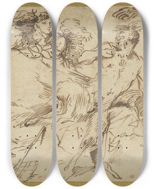 Triptych art skateboard deck of Giovanni Benedetto Castiglione Two Nymphs And A Satyr by Giovanni Benedetto Castiglione (1609-1664)