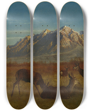 Triptych art skateboard deck of Albert Bierstadt Deer In Mountain Home by Albert Bierstadt (1830-1902)