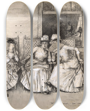Triptych art skateboard deck of William Thomas Smedley A Late Arrival by William Thomas Smedley (1858-1920)