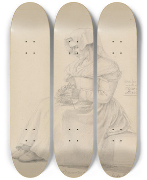 Triptych art skateboard deck of Adolph Tidemand Barbent Gutt Og Strikkende Kvinne Subiaco by Adolph Tidemand (1814-1876)