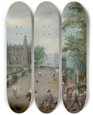Triptych art skateboard deck of Adriaen Van De Venne A Ball Game Before A Country Palace by Adriaen van de Venne (1589-1662)