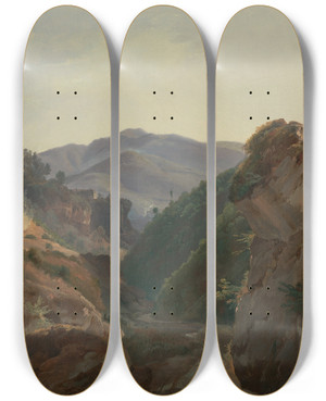 Triptych art skateboard deck of Jeancharles Joseph Rmond Mountain Landscape With Road To Naples by Jean-Charles Joseph Rmond (1795-1875)