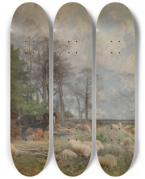 Triptych art skateboard deck of Florent Crabeels Heathland In Spring by Florent Crabeels (1829-1896)