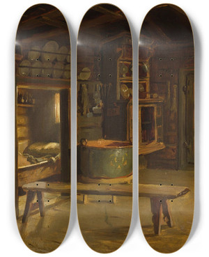 Triptych art skateboard deck of Adolph Tidemand Farm Interior From Gulsvik In Hallingdal by Adolph Tidemand (1814-1876)