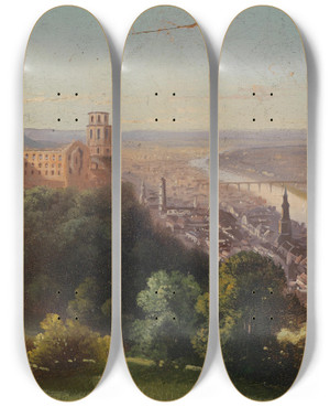 Triptych art skateboard deck of Hubert Sattler Blick Auf Heidelberg by Hubert Sattler (1817-1904)