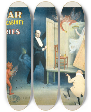 Triptych art skateboard deck of Strobridge Co Lith Kellar And His Perplexing Cabinet Mysteries by Strobridge Co Lith (1847)