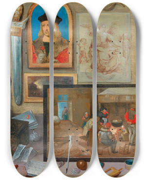 Triptych art skateboard deck of Hieronymus Francken Ii A Painter In His Workshop by Hieronymus Francken Ii (1578-1623)