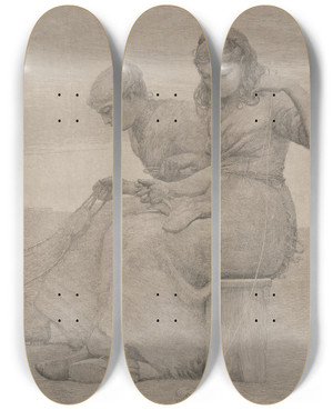 Triptych art skateboard deck of Winslow Homer Mending The Tears by Winslow Homer (1836-1910)