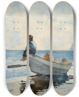 Triptych art skateboard deck of Winslow Homer Boys In A Dory_2 by Winslow Homer (1836-1910)