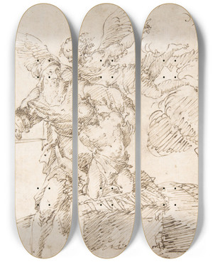 Triptych art skateboard deck of Francesco Fracanzano Abraham About To Sacrifice Isaac by Francesco Fracanzano (1612-1656)