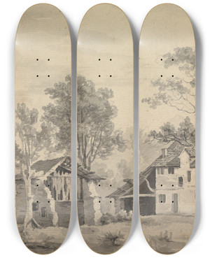 Triptych art skateboard deck of Sawrey Gilpin Dwelling On A Riverbank by Sawrey Gilpin (1733-1807)