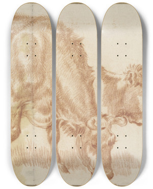 Triptych art skateboard deck of Adriaen Van De Velde Grasendes Rind Rechts Daneben Ein Rinderkopf by Adriaen van de Velde (1636-1672)