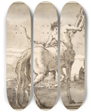 Triptych art skateboard deck of Giovanni Domenico Tiepolo Centaur Holding Up A Quiver by Giovanni Domenico Tiepolo (1727-1804)