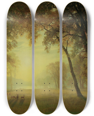 Triptych art skateboard deck of Albert Bierstadt Deer In A Clearing Yosemite by Albert Bierstadt (1830-1902)