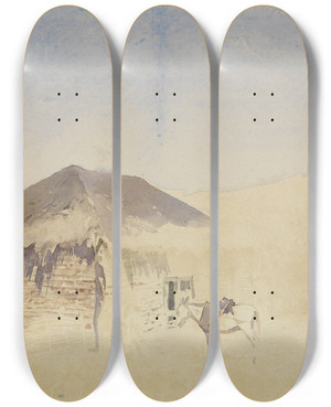 Triptych art skateboard deck of Ferdinand Keller Htten Mann Pferd by Ferdinand Keller (1842-1922)