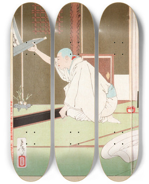 Triptych art skateboard deck of Tsukioka Yoshitoshi The Story Of Priest Nitt At Emmeiin by Tsukioka Yoshitoshi (1839-1892)