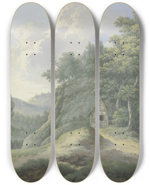 Triptych art skateboard deck of Karl Franz Kraul Waldige Berglandschaft Mit Ausblick In Ein Tal by Karl Franz Kraul (1754-1796)