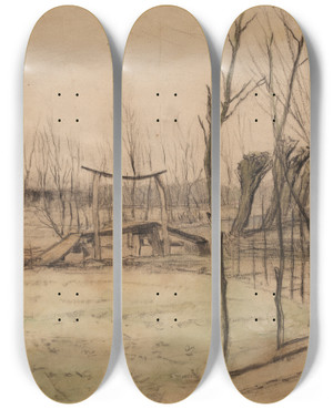 Triptych art skateboard deck of Piet Mondrian Landscape At Loosduinen by Piet Mondrian (1872-1944)