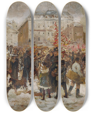 Triptych art skateboard deck of Ernst Juch Weihnachtsmarkt Am Hof In Wien by Ernst Juch (1838-1909)