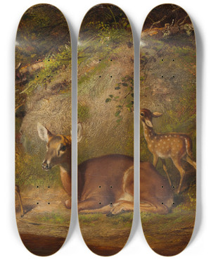 Triptych art skateboard deck of Arthur Fitzwilliam Tait Doe And Two Fawns by Arthur Fitzwilliam Tait (1819-1905)