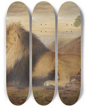 Triptych art skateboard deck of Thomas William Wood A Lion by Thomas William Wood