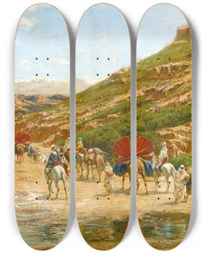 Triptych art skateboard deck of Victor Huguet Caravane Dans Le Desert by Victor Huguet (1835-1902)