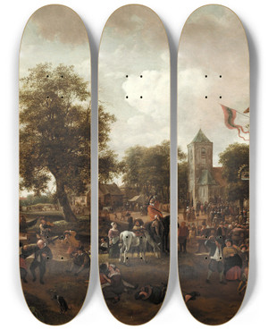 Triptych art skateboard deck of Jan Steen The Fair At Oegstgeest by Jan Steen (1626-1679)