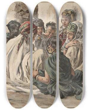 Triptych art skateboard deck of Tienne Dinet Jeux De Fillettes Laghouat_2 by Etienne Dinet (1861-1929)