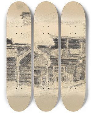 Triptych art skateboard deck of Gustav Wentzel Farmhouse by Gustav Wentzel (1859-1927)