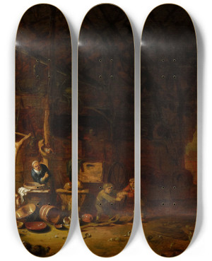 Triptych art skateboard deck of Egbert Van Der Poel Interior Of A Barn_1 by Egbert van der Poel (1621-1664)