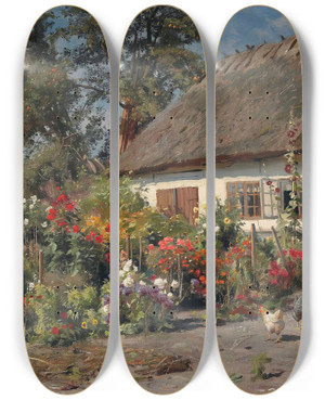 Triptych art skateboard deck of Peder Mrk Mnsted A Cottage Garden With Chickens by Peder Mork Monsted (1859-1941)