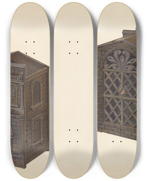 Triptych art skateboard deck of William O Fletcher City Bank Toy Bank by William O Fletcher