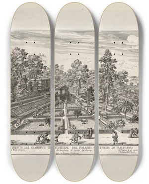 Triptych art skateboard deck of Giovanni Battista Falda Li Giardini Di Roma Con Le Loro Piante Alzate E Vedvte In Prospettiva Pl02 by Giovanni Battista Falda (1643-1678)