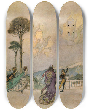 Triptych art skateboard deck of Warwick Goble The Castles In The Air by Warwick Goble (1862-1943)