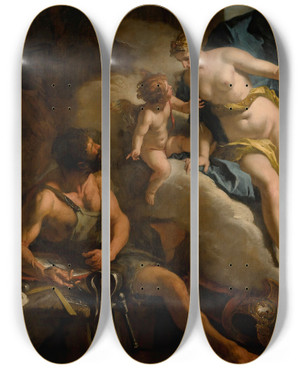 Triptych art skateboard deck of Sebastiano Ricci Venus In The Forge Of Vulcan by Sebastiano Ricci (1659-1734)