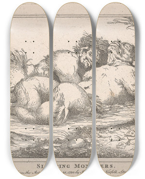 Triptych art skateboard deck of John Hamilton Mortimer Sleeping Monsters by John Hamilton Mortimer (1740-1779)