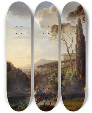 Triptych art skateboard deck of Pierreathanase Chauvin Paysage Ditalie Avec Trois Chevaliers by Pierre-Athanase Chauvin (1774-1832)