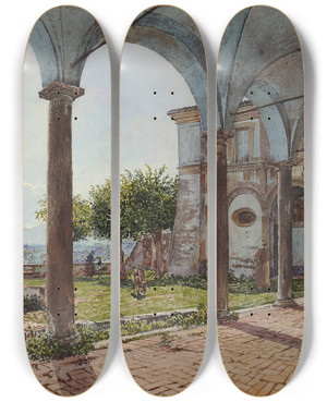 Triptych art skateboard deck of Rudolf Von Alt View From Santonofrio On Rome by Rudolf Von Alt (1812-1905)