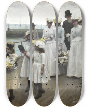 Triptych art skateboard deck of Frank Bramley For Of Such Is The Kingdom Of Heaven by Frank Bramley (1857-1915)