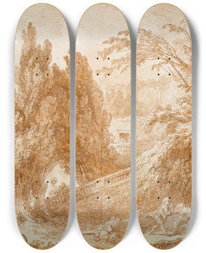 Triptych art skateboard deck of Jeanhonor Fragonard Park Landscape With A Cheerful Gathering by Jean-Honor Fragonard (1732-1806)