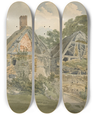 Triptych art skateboard deck of Joseph Powell Thatched Cottage And Adjoining Barn by Joseph Powell (1780-1834)