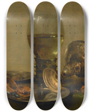 Triptych art skateboard deck of Willem Claesz Heda Still Life With A Silver Tazza by Willem Claesz Heda (1594-1680)