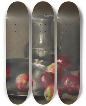 Triptych art skateboard deck of Jan Ingenhoes Stillleben Mit Pfeln Zinnschale Und Zinnkrug by Jan Ingenhoes (1882-1948)