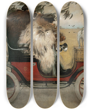 Triptych art skateboard deck of Ramn Casas Ramon Casas And Pere Romeu In An Automobile by Ramon Casas (1866-1932)