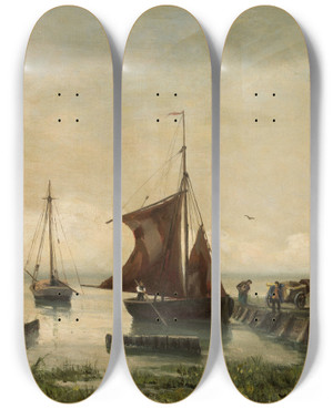Triptych art skateboard deck of Walter Leistikow Sail Boats At The Lakeside by Walter Leistikow (1865-1908)