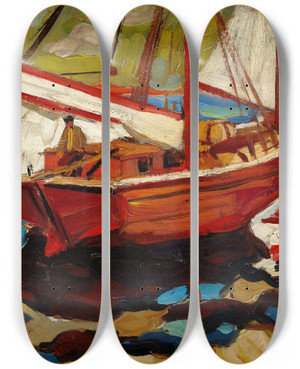 Triptych art skateboard deck of Gerassim Semenovich Golovkov Fishing Boats In Hafen by Gerassim Semenovich Golovkov (1863-1909)