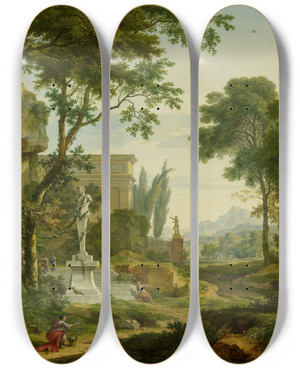 Triptych art skateboard deck of Jan Van Huysum Arcadian Landscape by Jan Van Huysum (1682-1749)