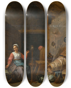 Triptych art skateboard deck of Abraham Willemsens Interior With A Mother Spinning Yarn By A Cradle by Abraham Willemsens (1605-1672)